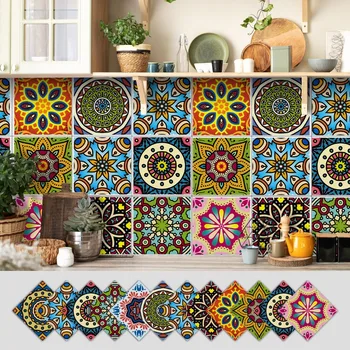 12Pcs Mandala Pattern Backsplash Tile Stickers Multicolor Design Waterproof Tile Decals Removable PVC Peel and Stick Tile