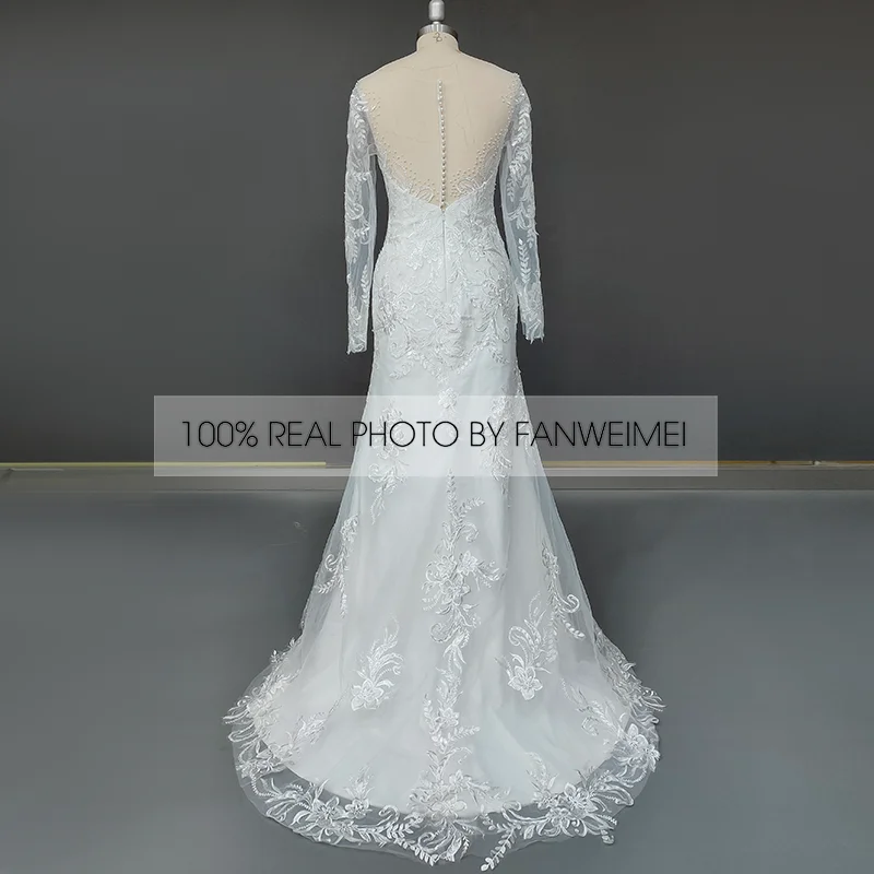 Champagner Meerjungfrau V-ausschnitt Spitze Appliques Hochzeit Kleid Neue Ankunft Lange Ärmeln Trompete Brautkleid Plus Größe