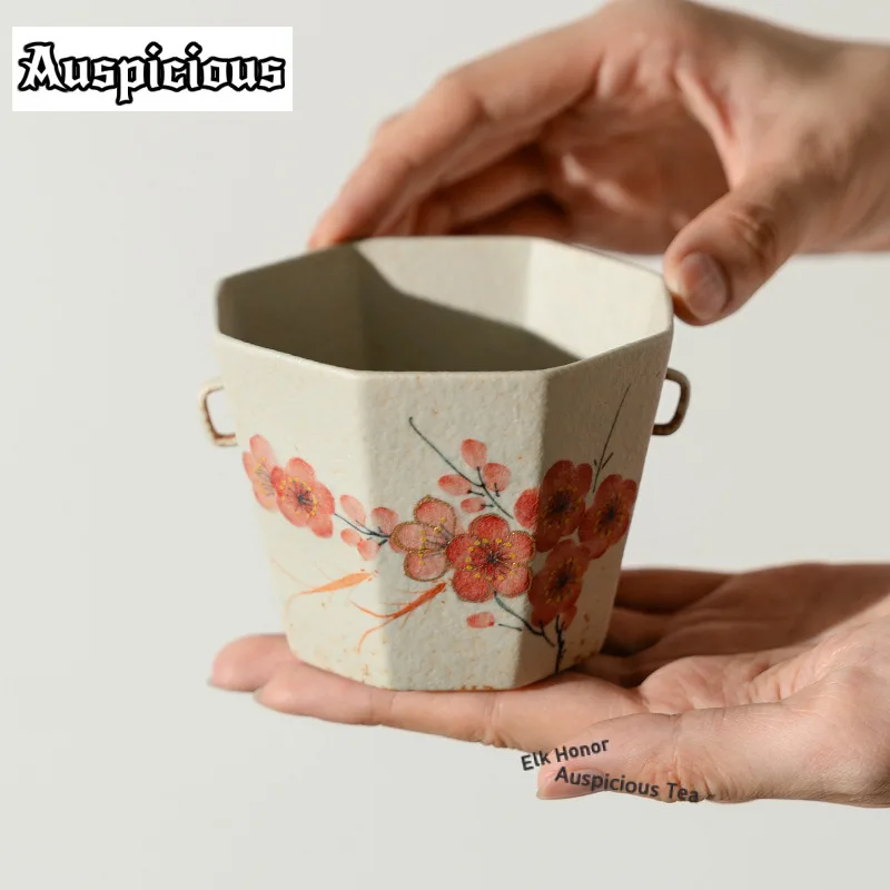 240ml Hand-painted Plum Blossom Double Ears Teacup Traditional Tea Bowl Cup For Tea Tea-tasting Meditation Cup Chazhan Cha Gifts