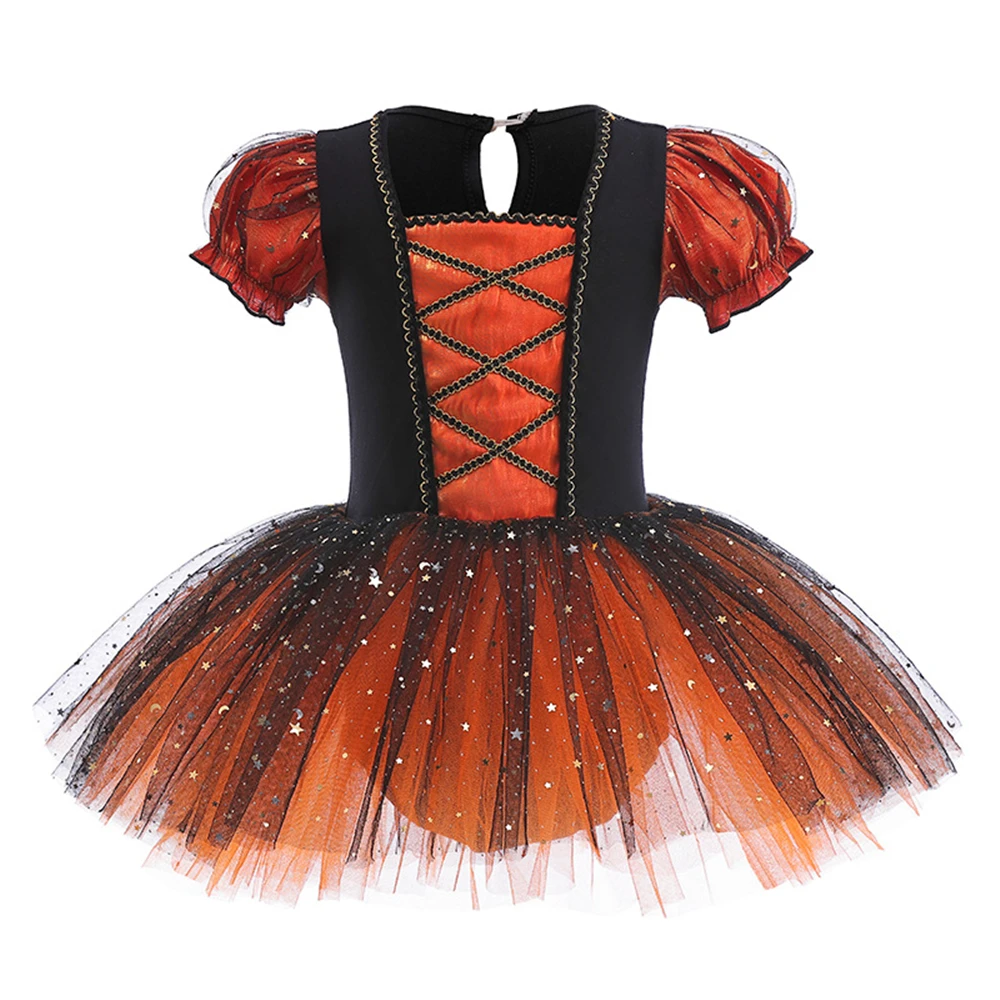 2023 New Halloween Carnival Children Witch Costume Girls Purple Orange Puff Sleeve Tulle Ballet Tutu Dress Sequin Dance Clothing