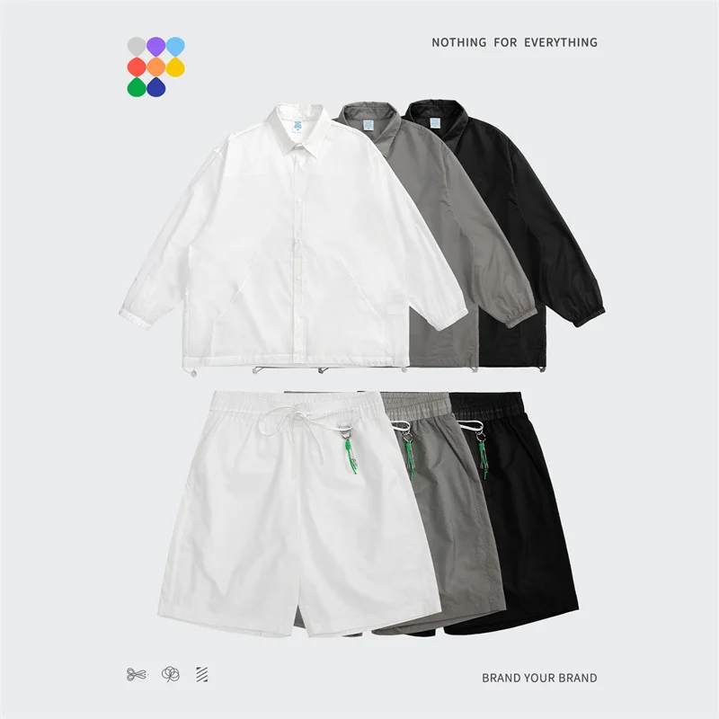 

Spring and summer loose edition solid color retro British style thin style light Shirt Shorts Set couple's wear