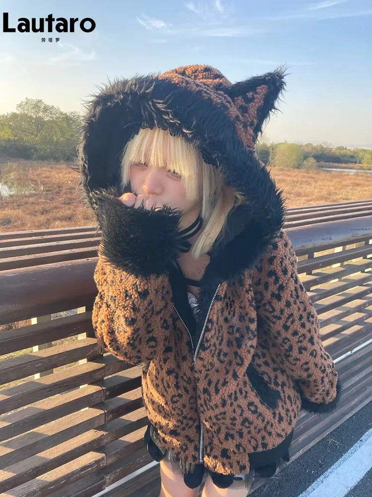 Lautaro Autumn Winter Sweet Cute Kawaii Warm Leopard Print Patchwork Faux Fur Hoodie Women with Bear Ears Fluffy Sherpa Jacket