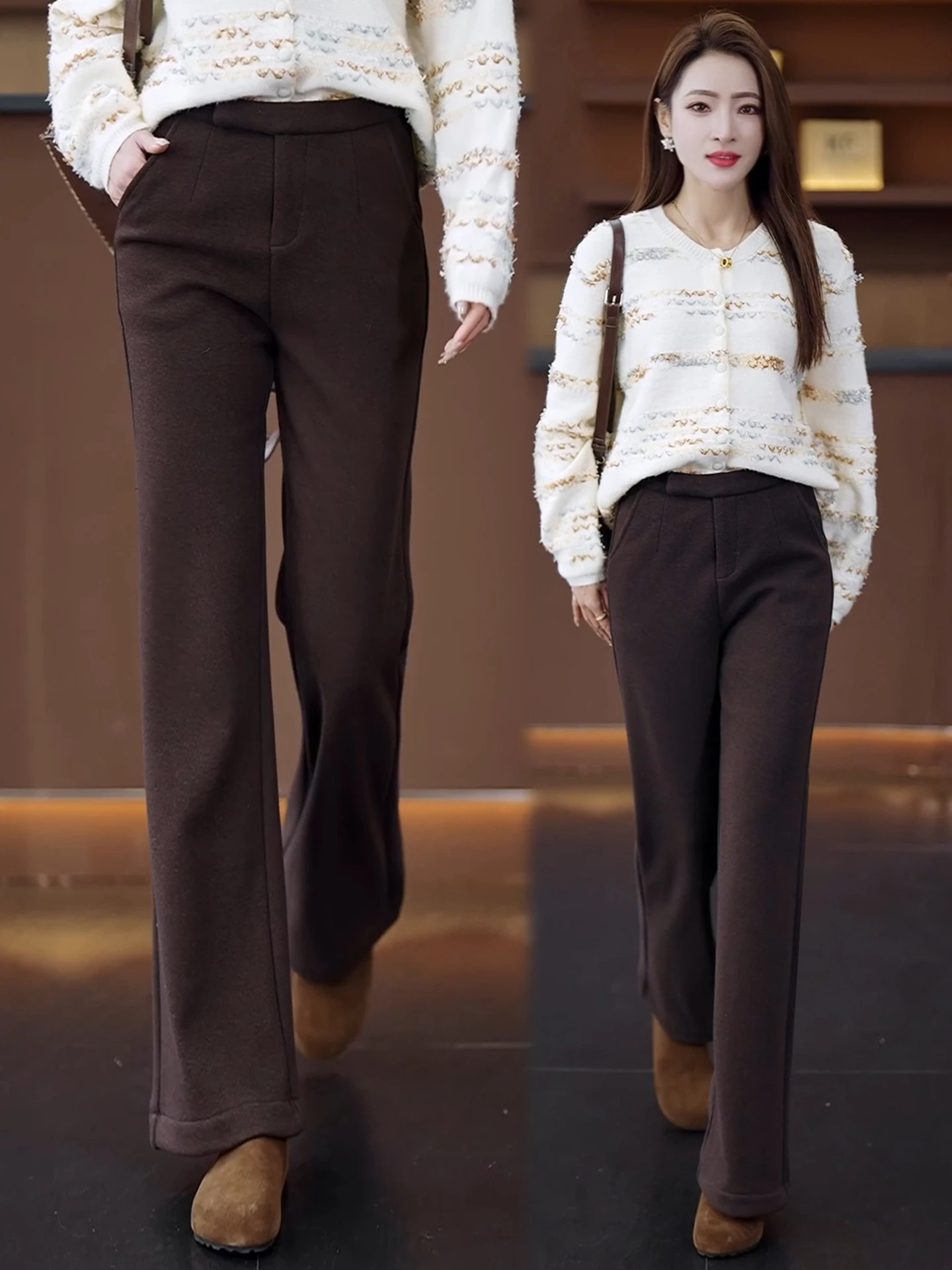 Gray Woolen Flared Pants Women's Autumn Winter New Style High Waist Drape Fleece Straight Leg Bell Bottoms Casual Trousers