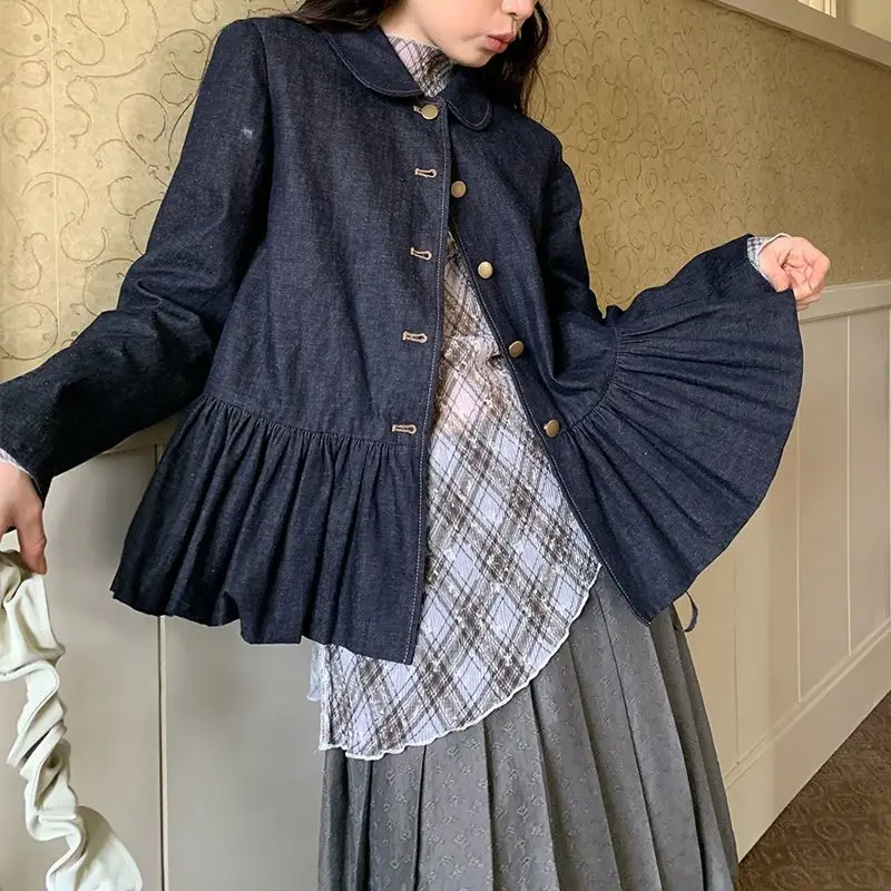 

Flower Bud Slim Fit Dark Blue Washed Denim Shirt Top Early Autumn Short Jacket