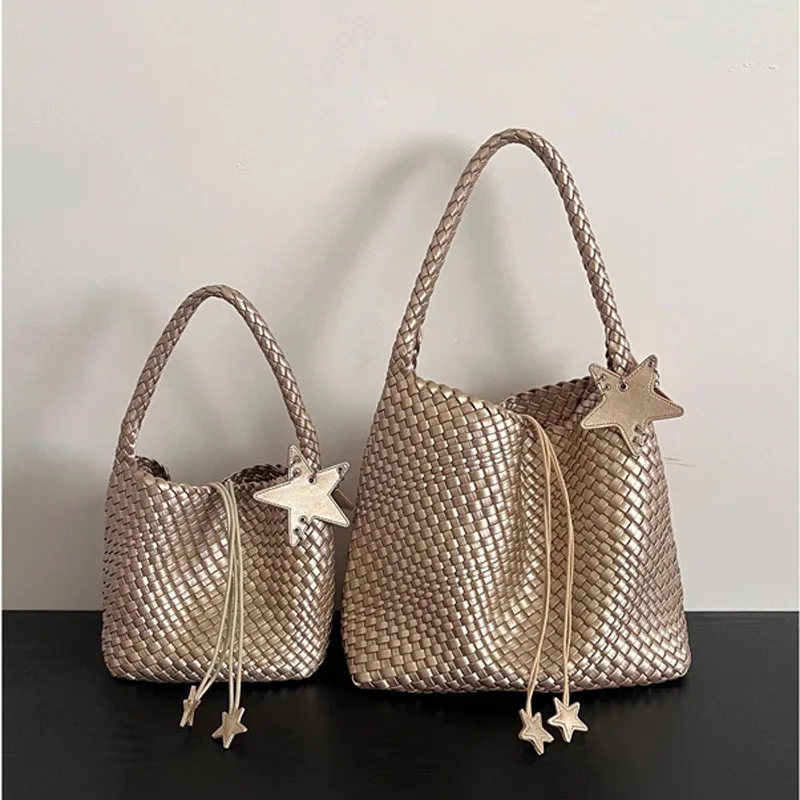 

Новая сумка-тоут ручной работы цвета шампанского, большая вместительная портативная сумка-ведро премиум-класса в ленивом стиле