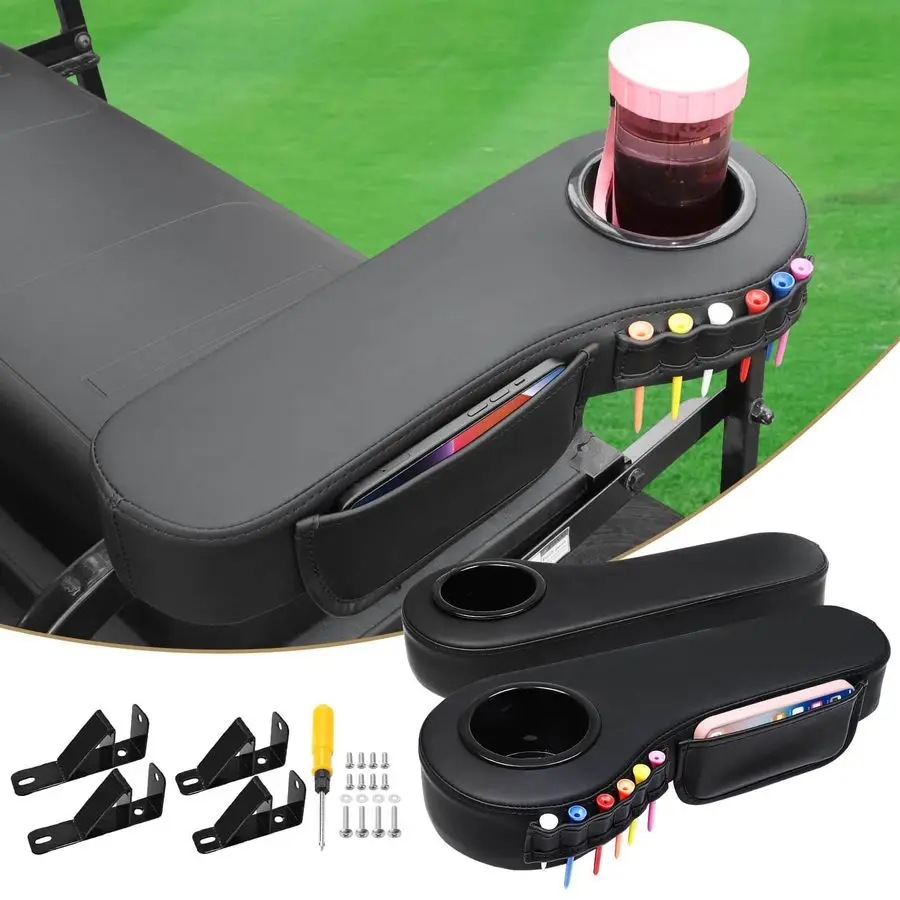 

Drilling Golf Cart Armrest with Cup Holder Phone Bag Golf Tree Holder for Rear Seat, Triangle Support Frame Fits 1 Side Square T