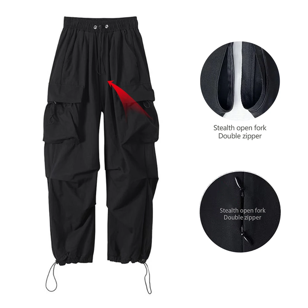 Invisible Open Crotch Outdoor Sex Black Wide-leg Paratrooper Overalls Men Women Loose Slacks Exotic Stormpants Traveling