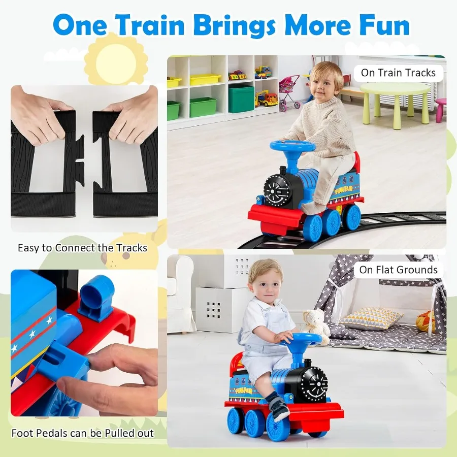線路付き電車に乗ろう！6Vバッテリー駆動の電動乗用玩具、16個の線路、点滅ライトと音楽、収納シート付きプレイ