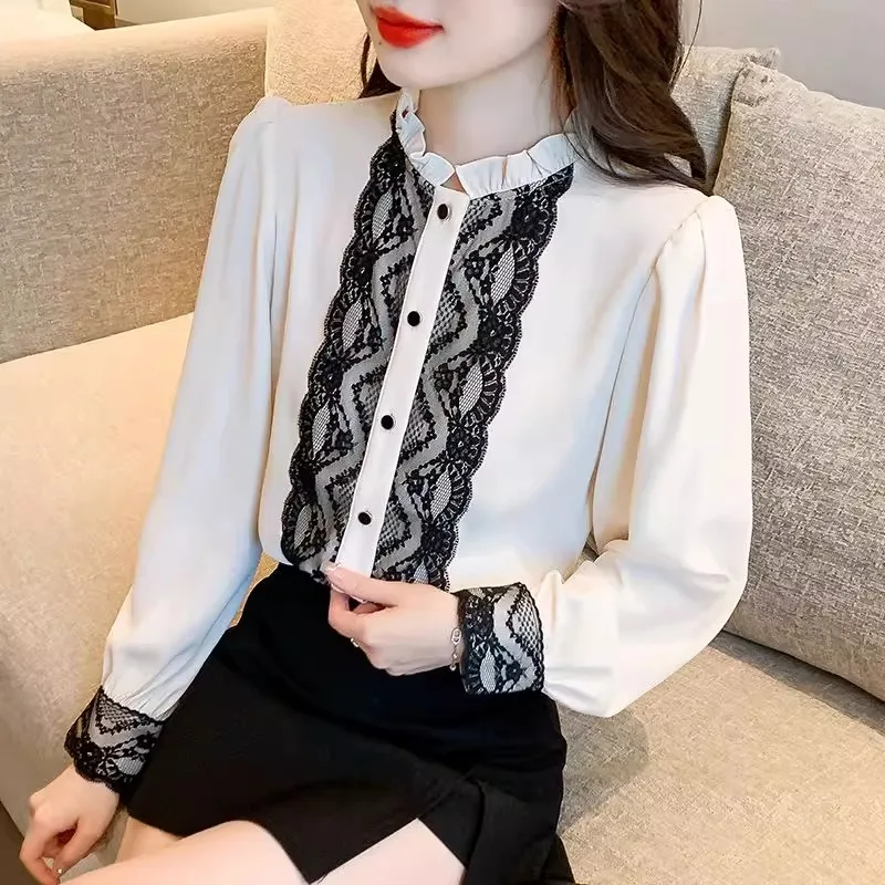 

Женская блузка, кружевная вязаная крючком офисная рубашка с длинным рукавом, повседневная корейская мода, элегантный женский джемпер, одежда