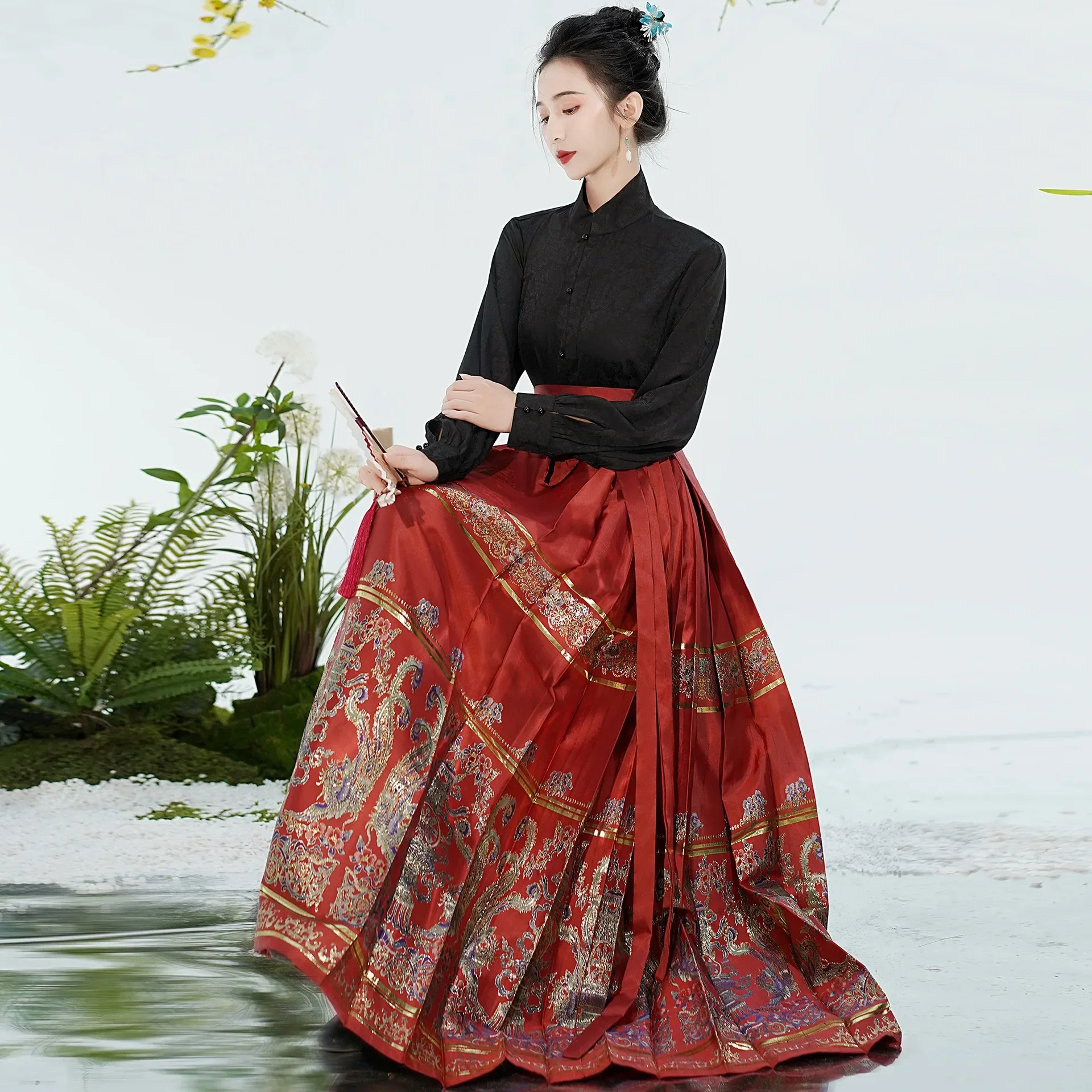 

Black MaMian Qun Ming Dynasty Horse Face Skirt Vintage Chinese Traditional Ancient Hanfu Modern Women's Dress Set Daily Wear