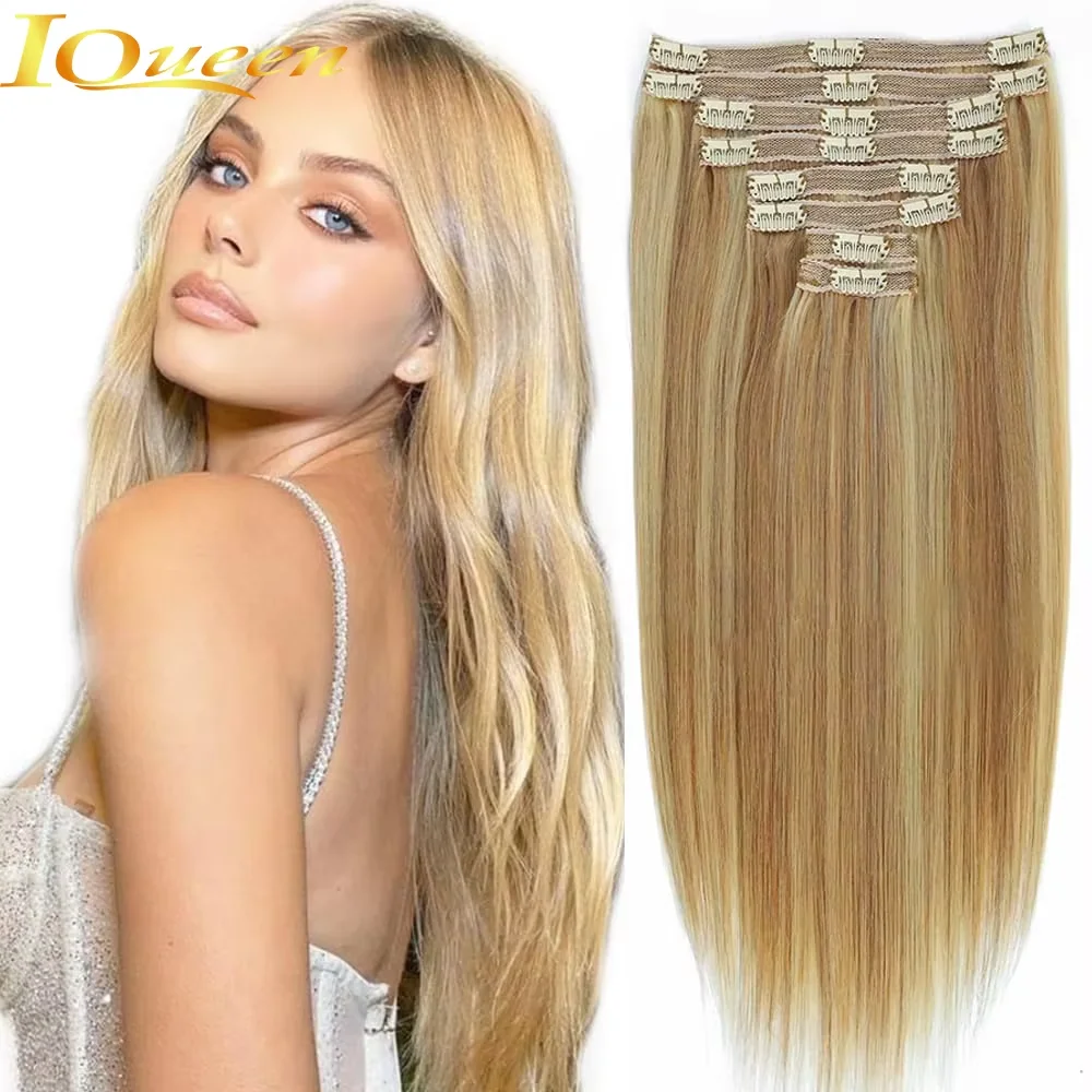 8Pcs Clip In Hair Extensions 100%  Human Hair P8/613 Color Brown Highlight Blonde For Women Daily Use Real Hair Natural Black 4#