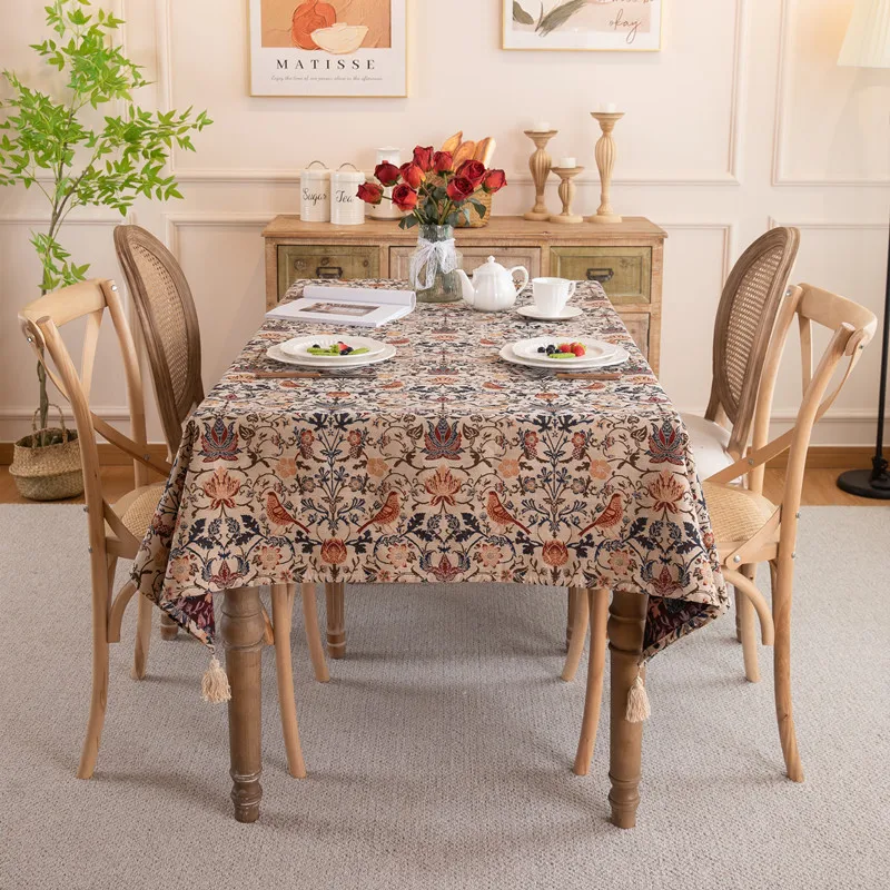 Cotton Linen Flower Tablecloth, Elegant and Retro Rectangle Dust-proof Cover For Tea Table Wedding Party Dining Room Decor
