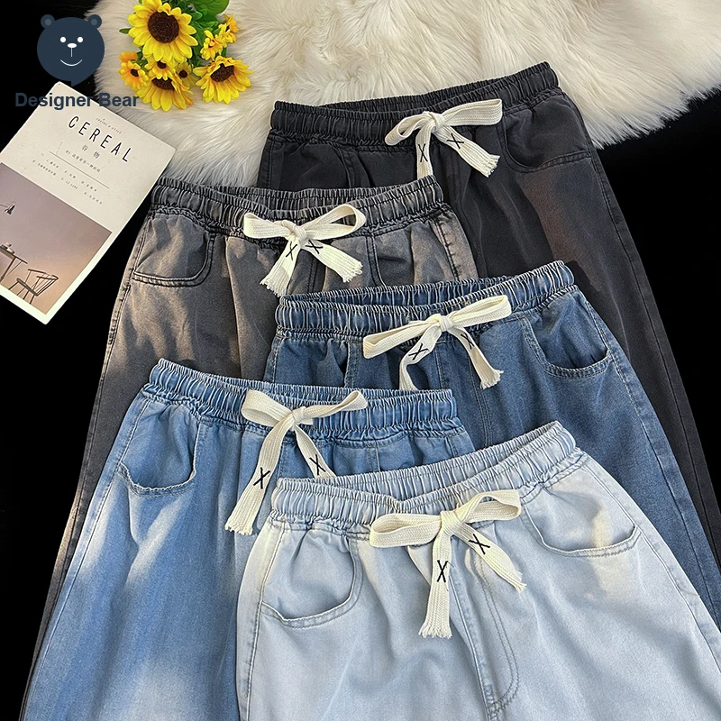 Spring Summer Men's Baggy Jeans Lyocell Fabric Wide Leg Pants Drawstring Elastic Waist Trousers Male City Boy Plus Size 5XL Y2K