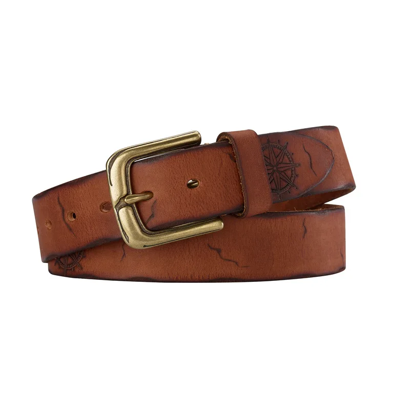 メンズ手作りトップレイヤー牛革ベルト、銅製バックル付き、ヴィンテージスタイル、多用途ベルト