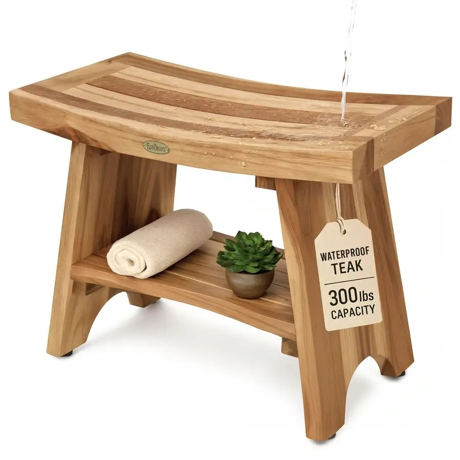 

24-дюймовая водонепроницаемая табуретка для душа из тика Serenity с большой полкой для хранения для взрослых и пожилых людей, в стиле спа, из тикового дерева