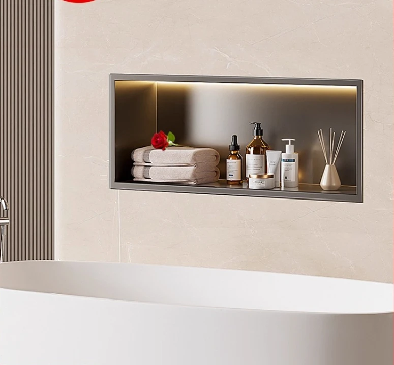 

Horizontal Stainless Steel Wall Niche Cabinet Embedded Storage Shelf with Light Durable Bathroom Organizer for Small Space