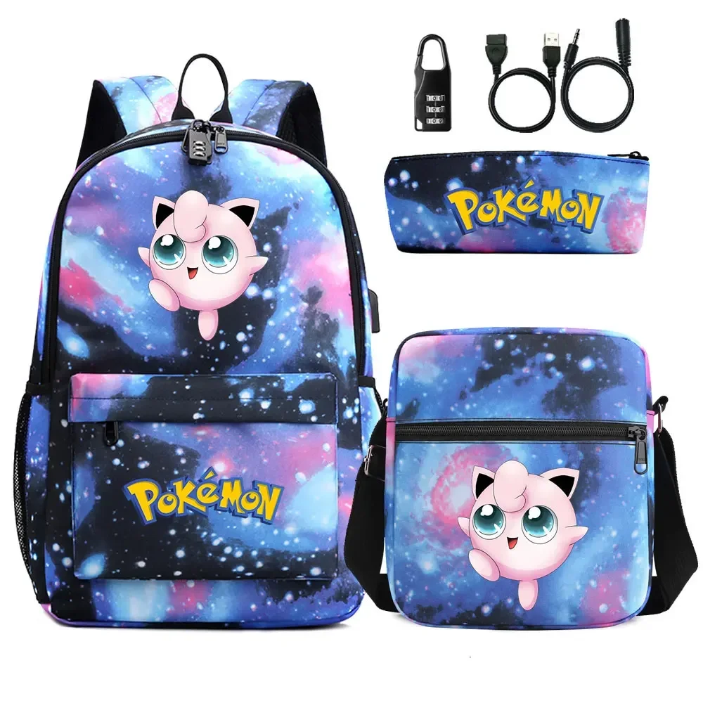 New Charmander Jigglypuff 3Pcs USB Anti-theft Lock Boy Girl Kids School Book Bags Travel Backpack Shoulder  Bag Pen Bags