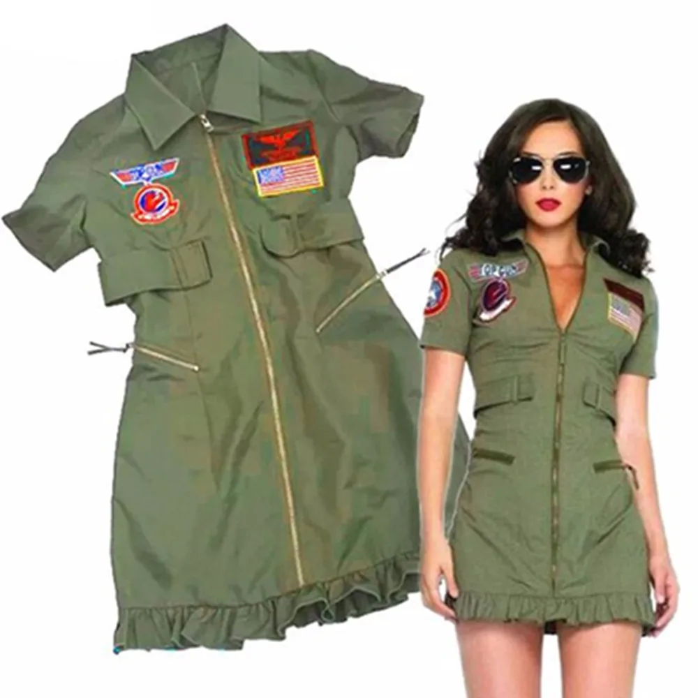 Adult Women Retro Top Gun Maverick Flight Cosplay Costume Halloween Party Army Green American Military Pilot Fancy Dress