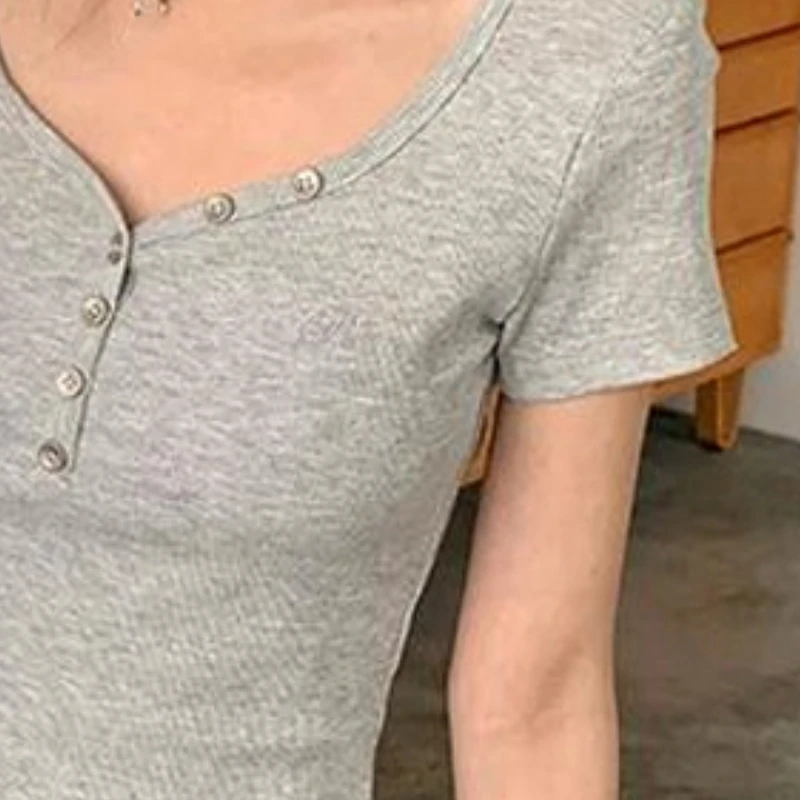 

Women's Straight Shoulder Short-sleeved T-shirt 2025 Summer New Hot Girl V-neck Slim Fit Short Tight Top