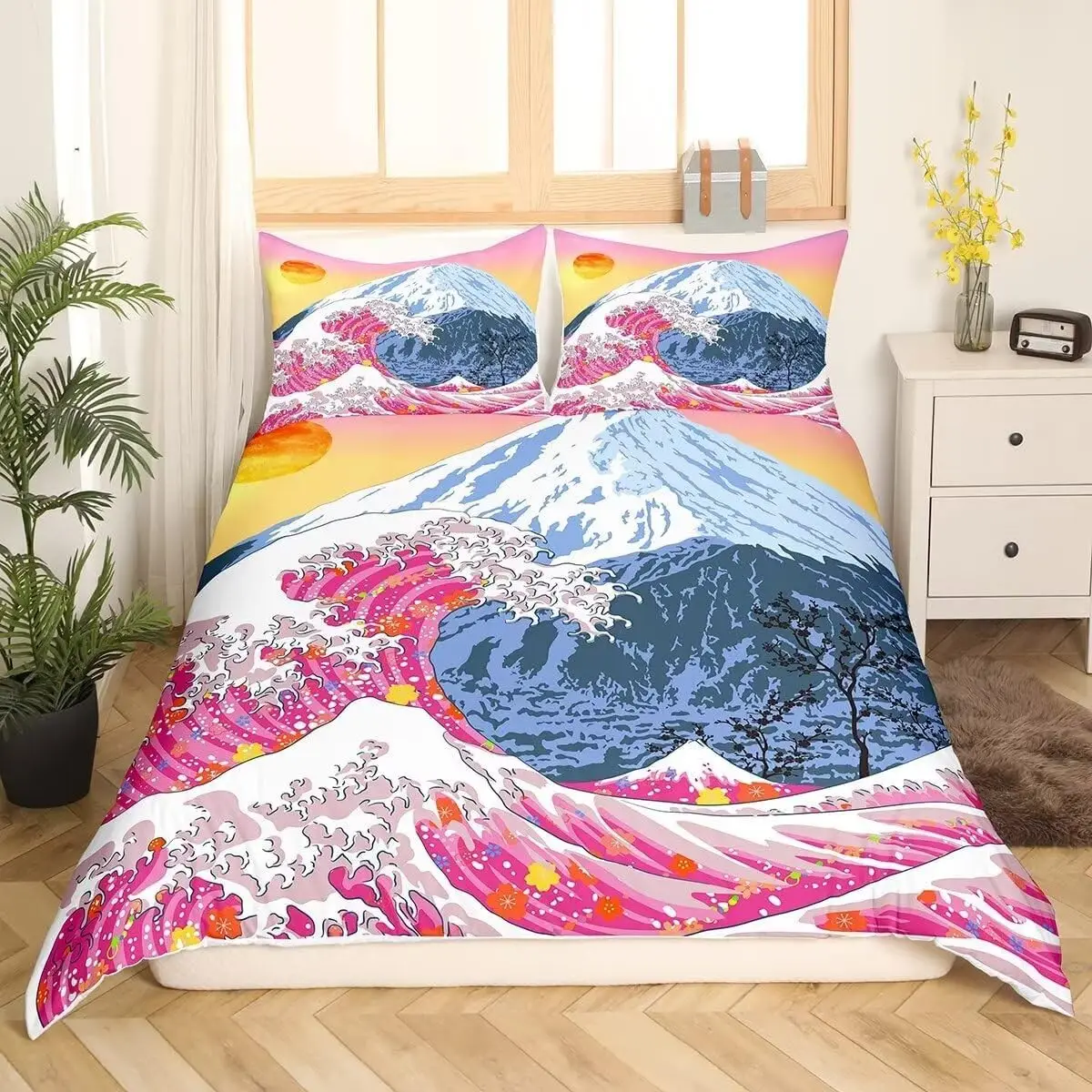 

Japanese Style Floral Bedding Set Mount Fuji Comforter Cover Cherry Blossom Duvet Cover Twin Queen Size for Teens Adult Bedroom