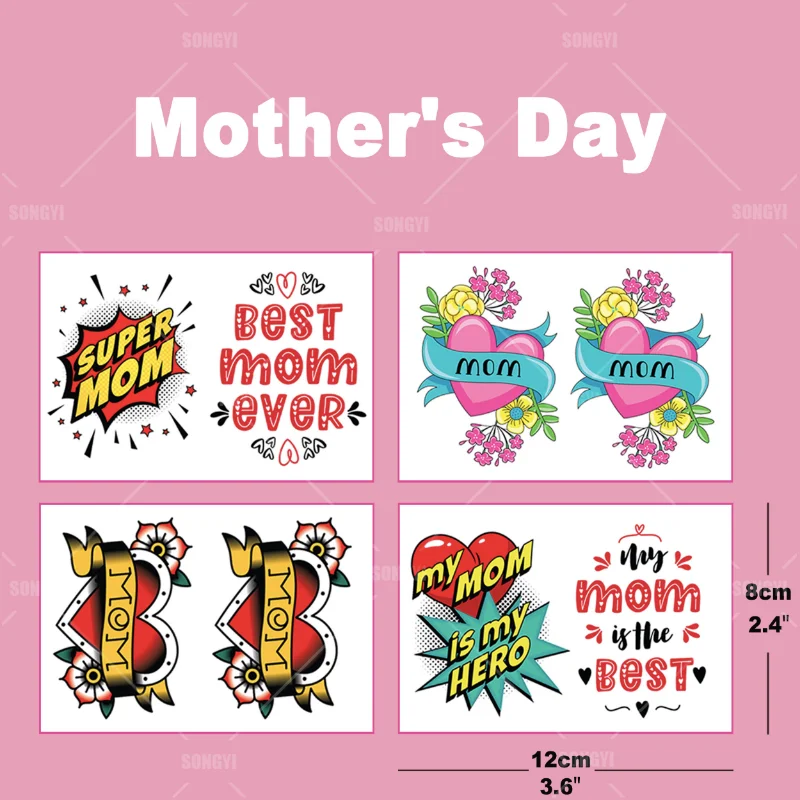 Waterproof Removable Temporary Tattoo Sticker Red Heart Love Mother's Day BEST MOM Kids Fake Tattoos Child Baby Photography Prop