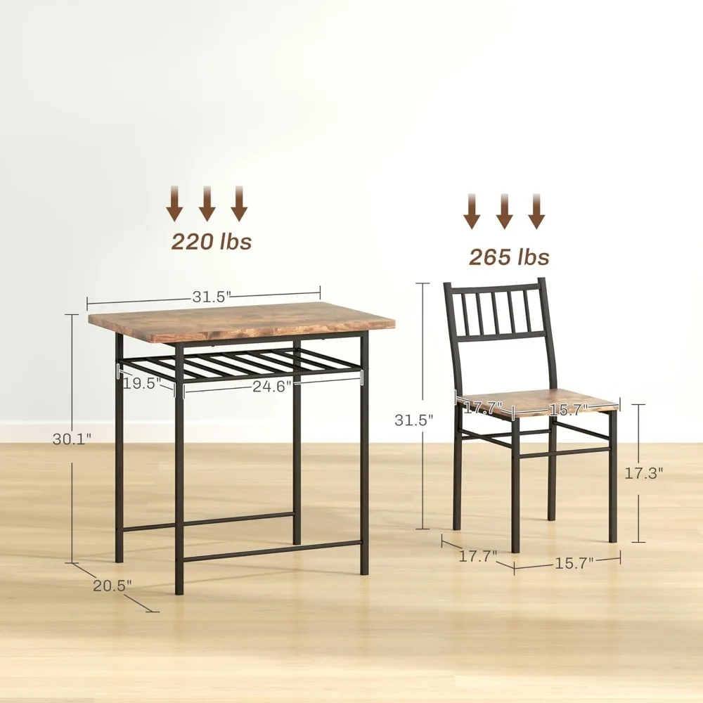 3-Piece Dining Table Set for 2, Small Kitchen Table and Chairs with Built-in Storage Rack and Steel Frame, for Breakfast Nook