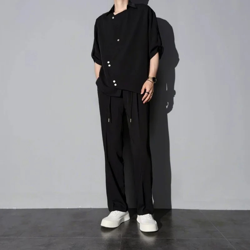 Plain Khaki Shirts Pants Suits for Men 2025 Trend Two-piece Set Cheap Clothes Luxury Korean Style Kpop Elastic Man Trousers Sets