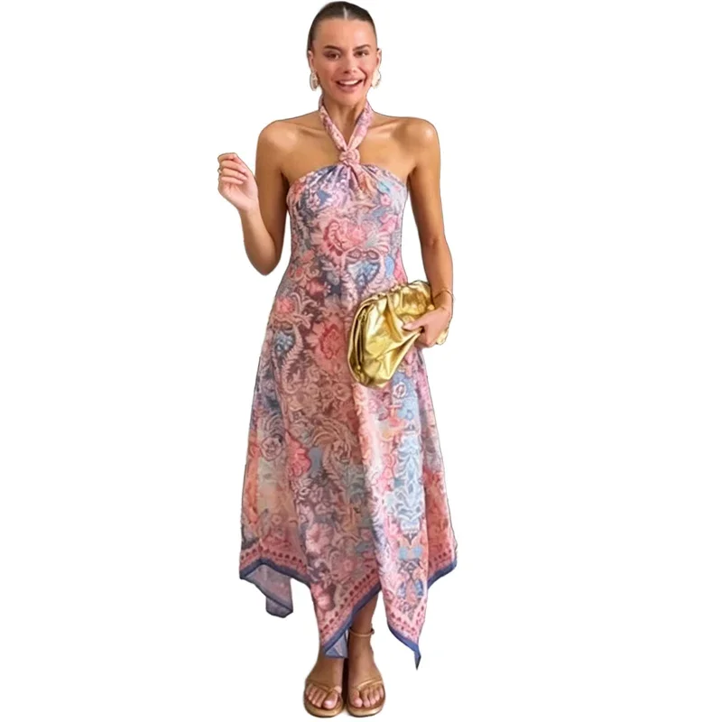 Bedrucktes Damen-Halter-Langkleid, sexy schulterfreies, rückenfreies Strandkleid für Damen, Sommer 2026, Urlaub, Damenrobe, Neu