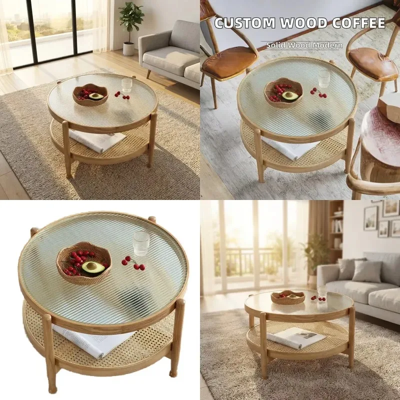 Customizable Solid Wood Coffee Table Modern Glass Top Foldable Living Room Furniture White Wax Small Side Table