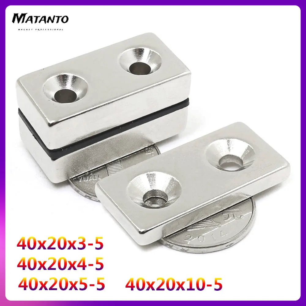 2PCS 40x20x3-5mm Thick Block Strong Powerful Magnets Holes 5mm 40x20x4-5 Permanent Neodymium Magnet Sheet 40*20*5-5 double holes