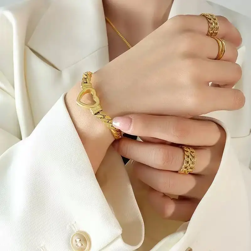 GANEMLY 316L Edelstahl Hohl Herz Halskette Armbänder Wasserdicht Schmuck Charme Metallic Gold Farbe Kette Mode Dame Geschenk – Detail 8