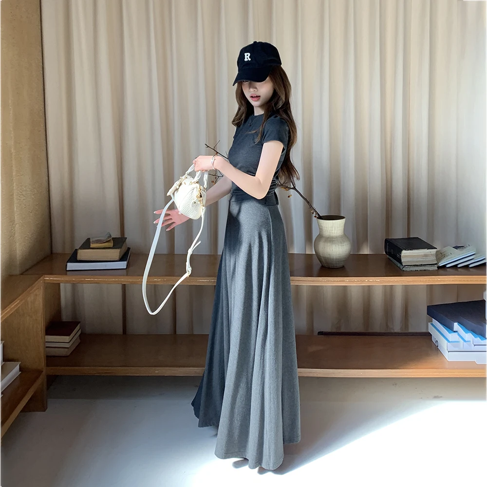 

Casual Loose Feel Short Sleeve Long Skirt Set Women's Fashion Ensemble Spring Summer 2025 Pure Color Top Bottom Half Body Skirt
