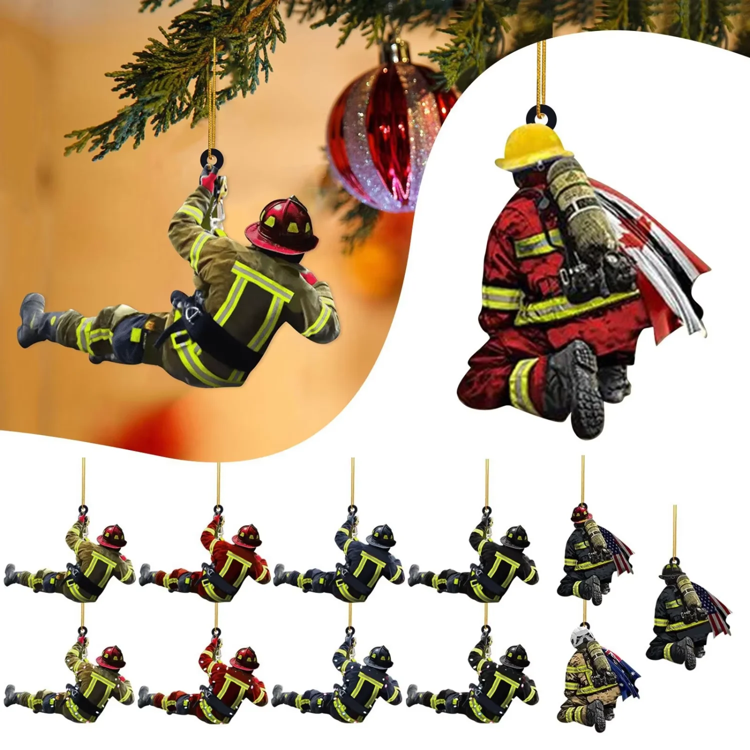 Christmas Tree Decoration Acrylic Firefighter Car Pendant Ornament 2D Fire Peripheral