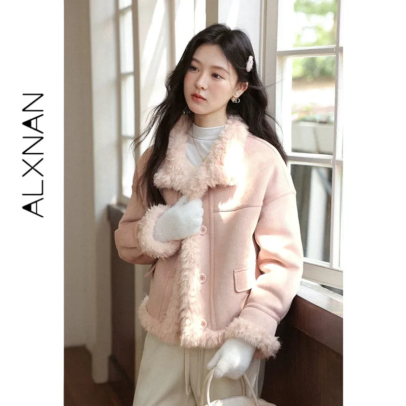 ALXNAN Women Winter Jacket Pink Sherpa Cropped Jacket Fleece Lined Thick Coat Warm Coat Elegant Casual Female Clothing L59052