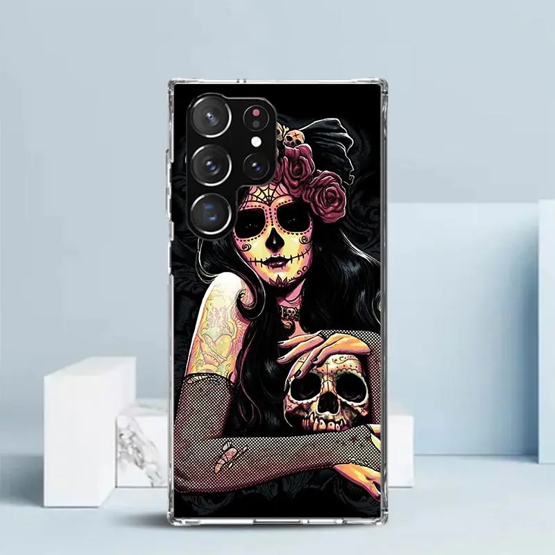 Catrina Beautiful Rose Girl Skull Phone Case For Samsung Galaxy S24 S25 Edge S26 Ultra S22 S23 Plus S21 + S20 FE Soft TPU Back C