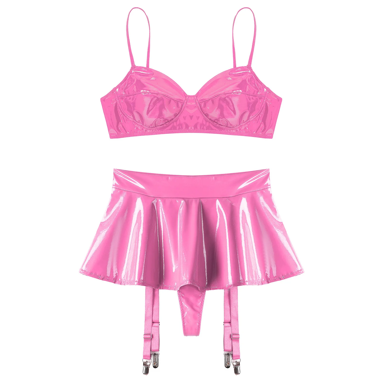 

Womens Wet Look PU Leather Outfits Clubwear Costume Bra Top and Miniskirt with Garter Clips Sets for Rave Party Nightclub Wear
