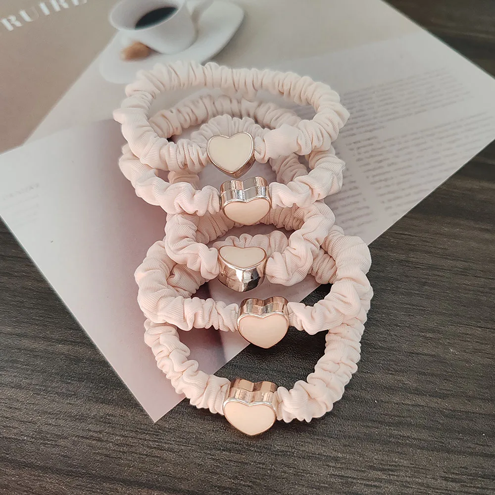 5PC Europäische und Amerikanische Creme Herz Hohe Elastizität Haar Krawatten für Frauen Mädchen Pferdeschwanz Halter Haar Ringe Seil Zubehör – Detail 7