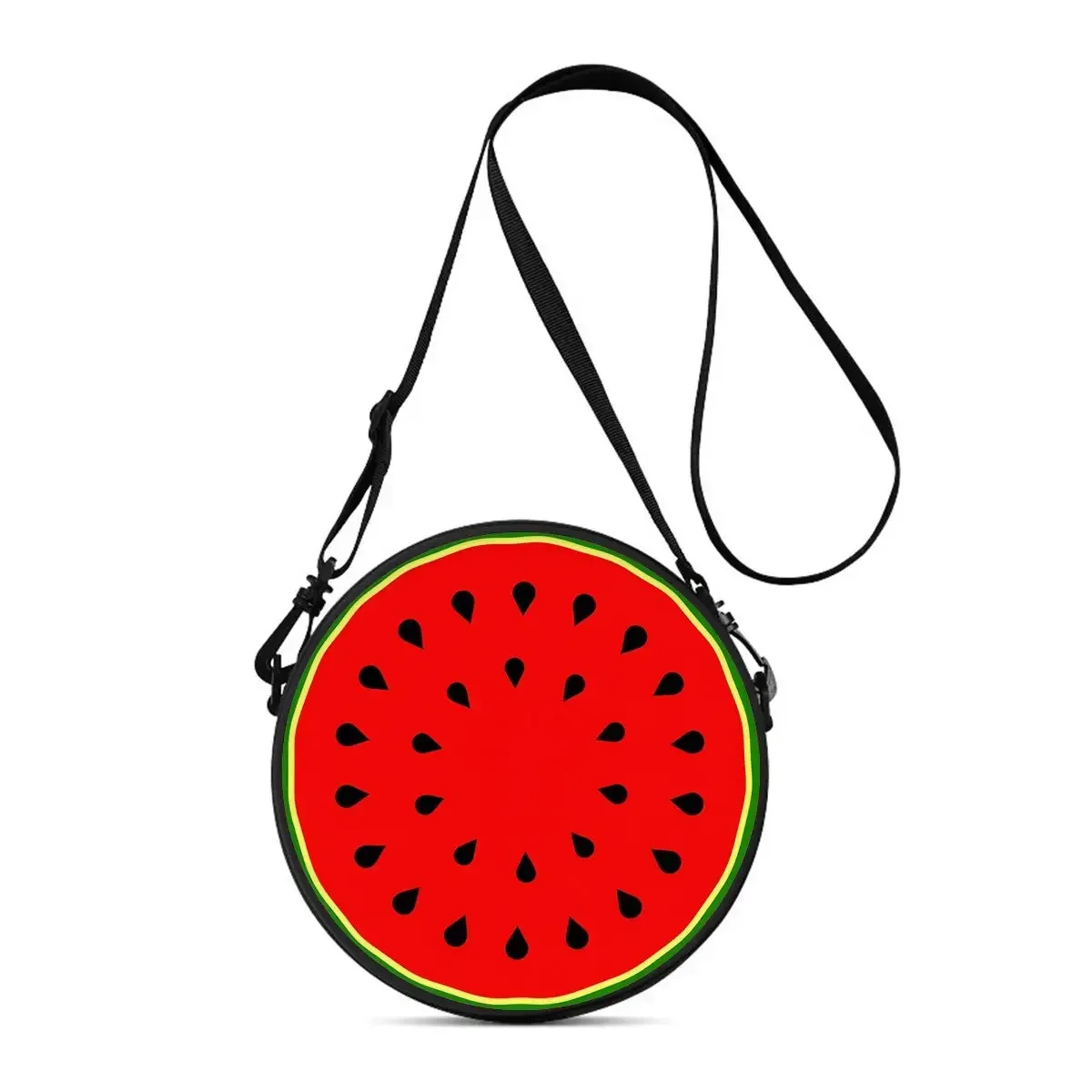 Sac à bandoulière rond en forme de pastèque et de cerise, sac messager à motif de fruits, sac à bandoulière réglable pour femme, idéal pour tous les jours, les meilleurs cadeaux, modèle 2D plat.