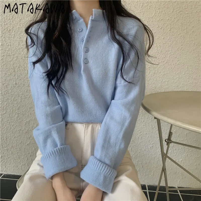

Matakawa синие короткие пуловеры однотонные осенне-зимние корейские модные шикарные женские свитера легко подходящие милые пуговицы Pull Femme