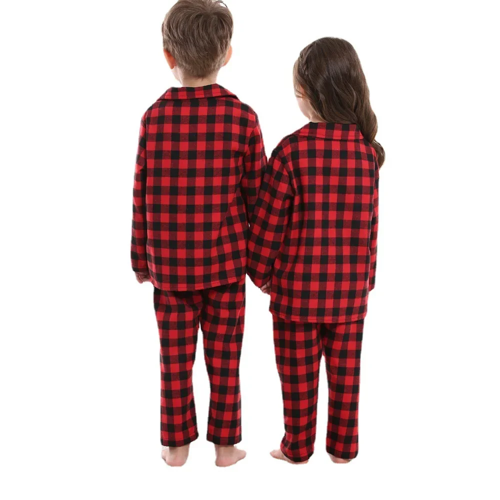 2-Piece Cotton Pajama Set Kids Boys Girls Plaid Pattern Loungewear Kids Cotton Pajamas Set Autumn Winter Clothing