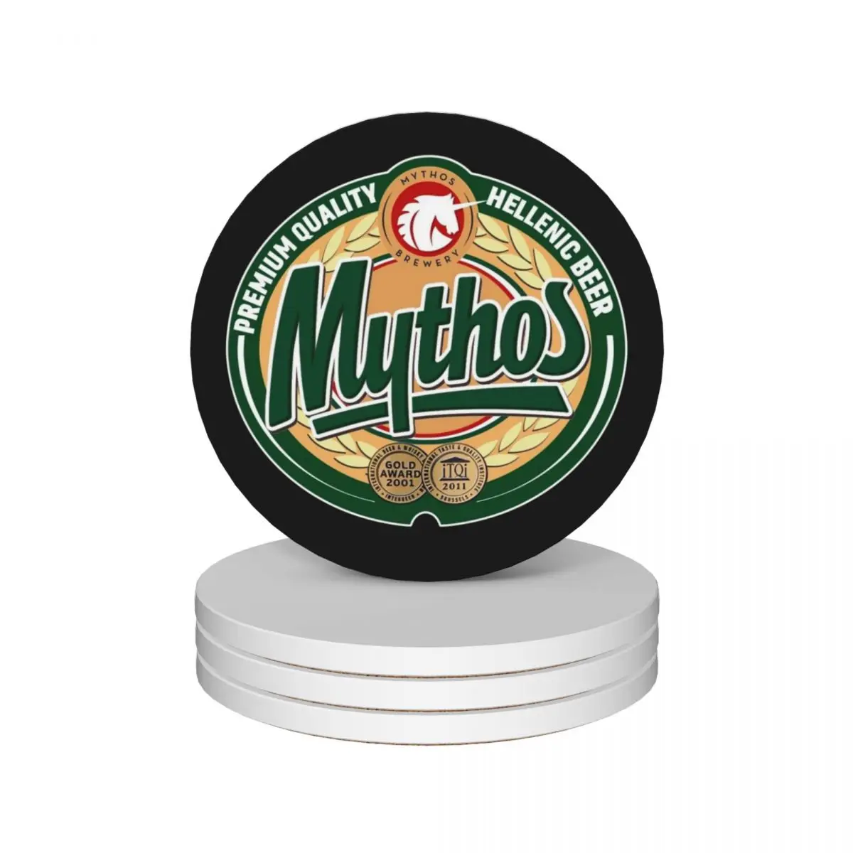 

Hellenic Greek Beer Mythos Ceramic Coasters (Set of 4) coffee cup stand white Cup mat cute set Coasters