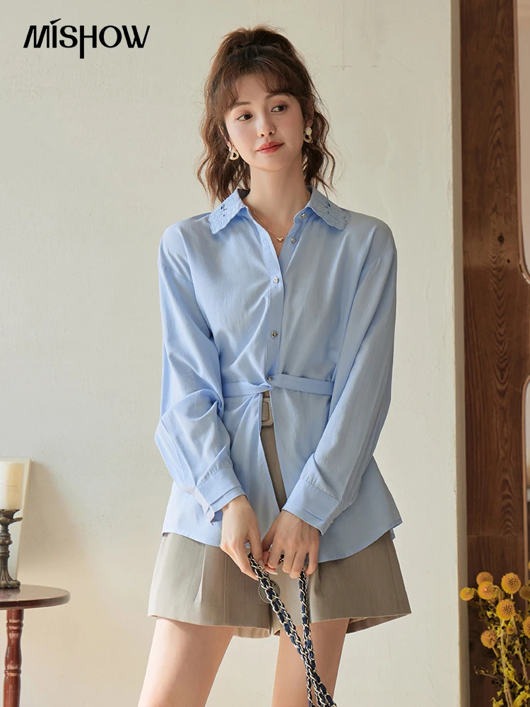 MISHOW Women's Casual Loose Shirt 2023 Autumn Turn-down Collar Embroidery Hollowed Out Single Breasted Mid Length Top MXC41C0077