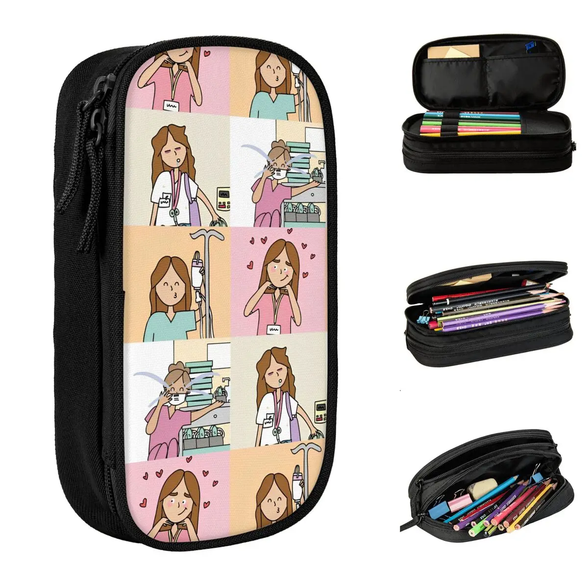 Enfermera En Apuros Nurse Collage Pencil Cases Pen Bag Student Large Storage School Supplies Gifts Pencilcases