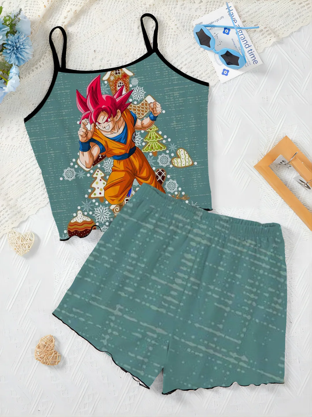 Elegant Women's Sets Top Slip Dress T-shirt Pajama Skirt Dragon Ball Son Goku Lettuce Trim Pieces Short Two Set Suit Home Dress