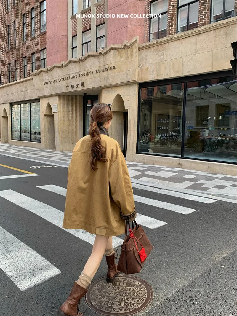 

Women Barn Style Coffee Colored Stand Up Collar Contrasting Plaid Suede Design Jacket Women's 2025 Autumn New Loose Leisure Coat