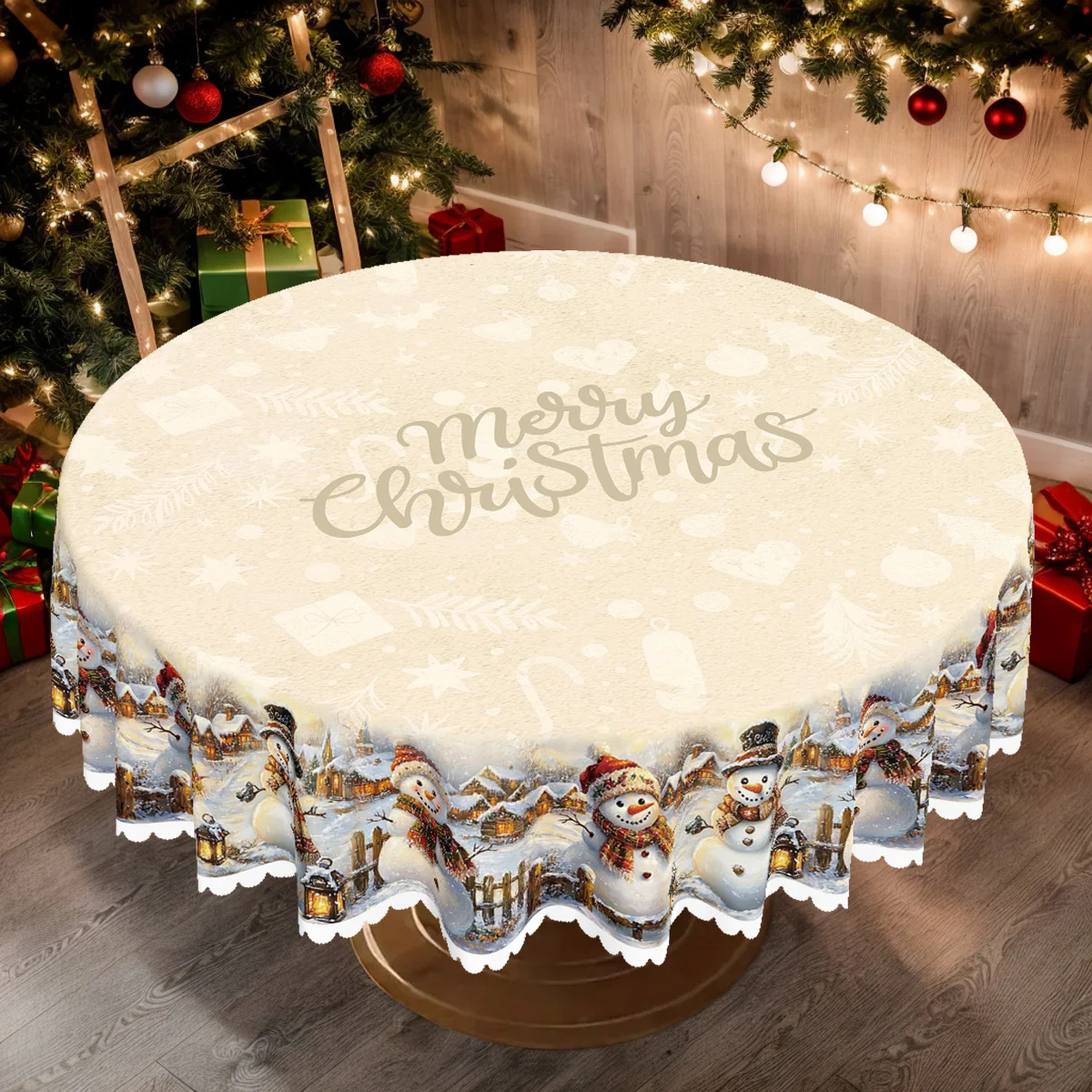 1 piece, Christmas party tablecloth, vintage snowman lantern house winter snow design pattern tablecloth with embossed edges,