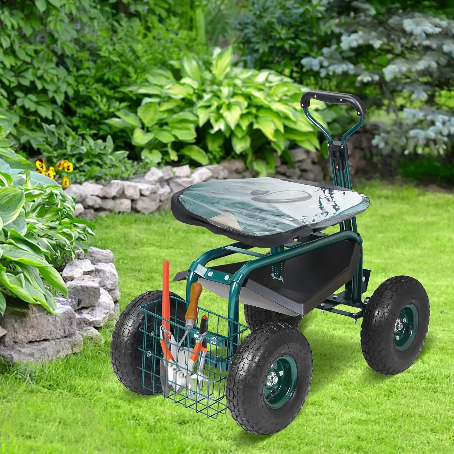 Garden Cart Rolling Workseat with Wheels, Gardening Stool for Planting, 360 Degree Swivel Seat, Wagon Scooter with Steering Handle & Utility Tool Tray, Use for Patio, Yard, and Outdoors, Green | 360 Swivel Garden Chair, Wagon Scooter with Steering Handle view 8