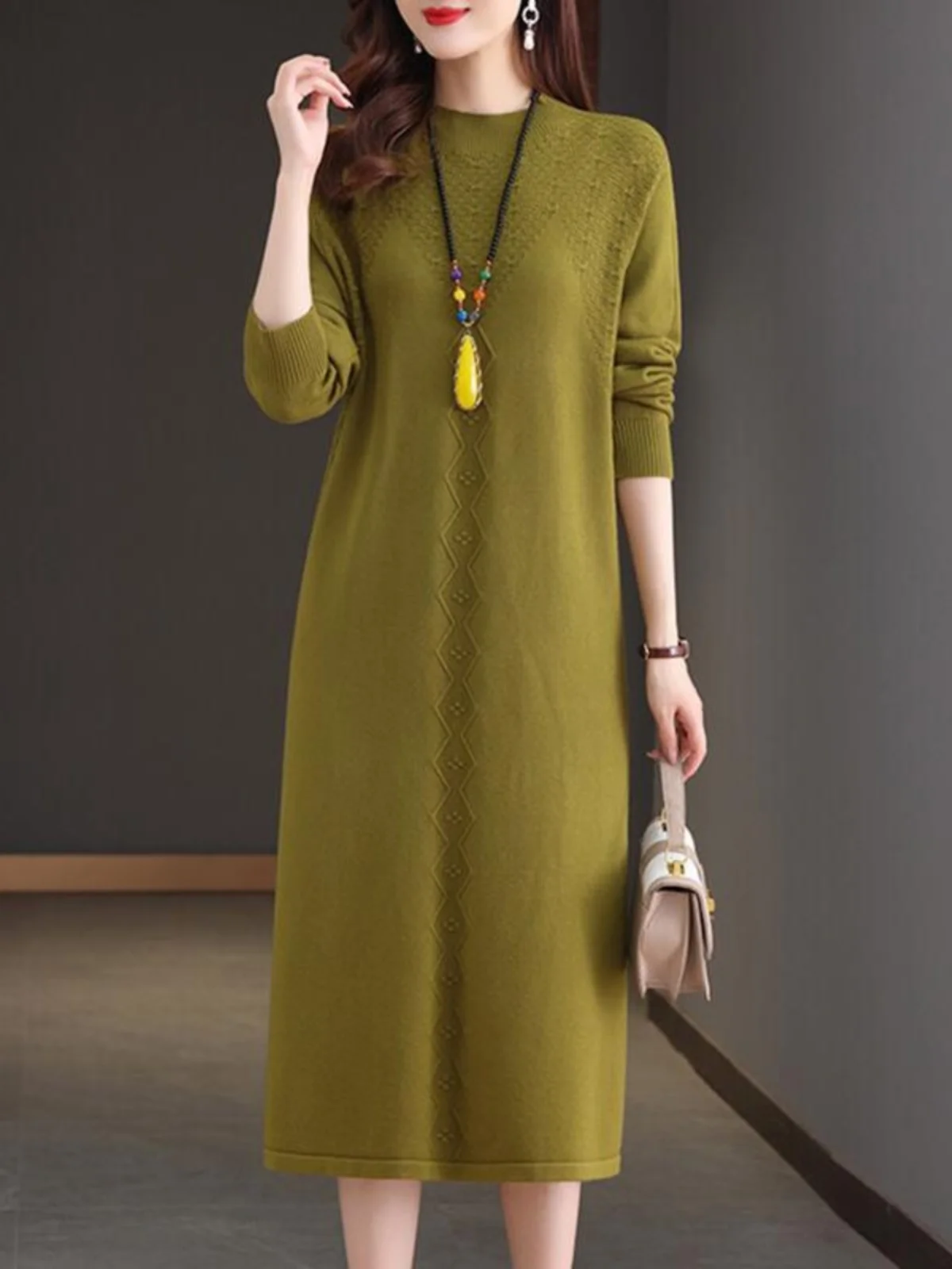 

Ladies' Knitted Woolen Dr Long Sve Thermal Loose Fit Autumn Winter Knee-Length Sweater Maxi Skirt Large Size Base irt