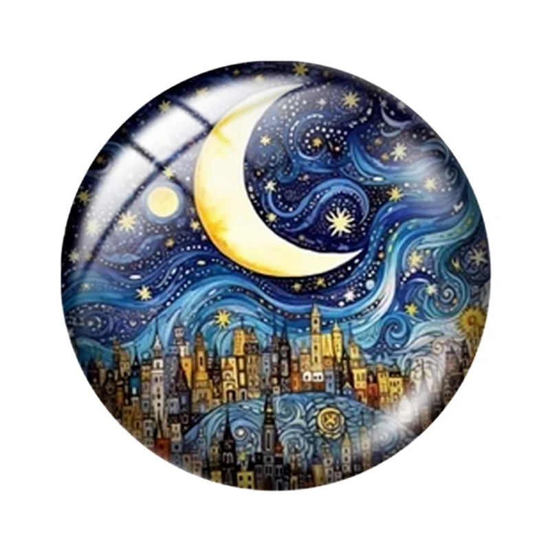 Starry Night Moon Clip Art  10pcs 12mm/16mm/18mm/25mm Round Photo Glass Cabochon Demo Flat Back Making findings