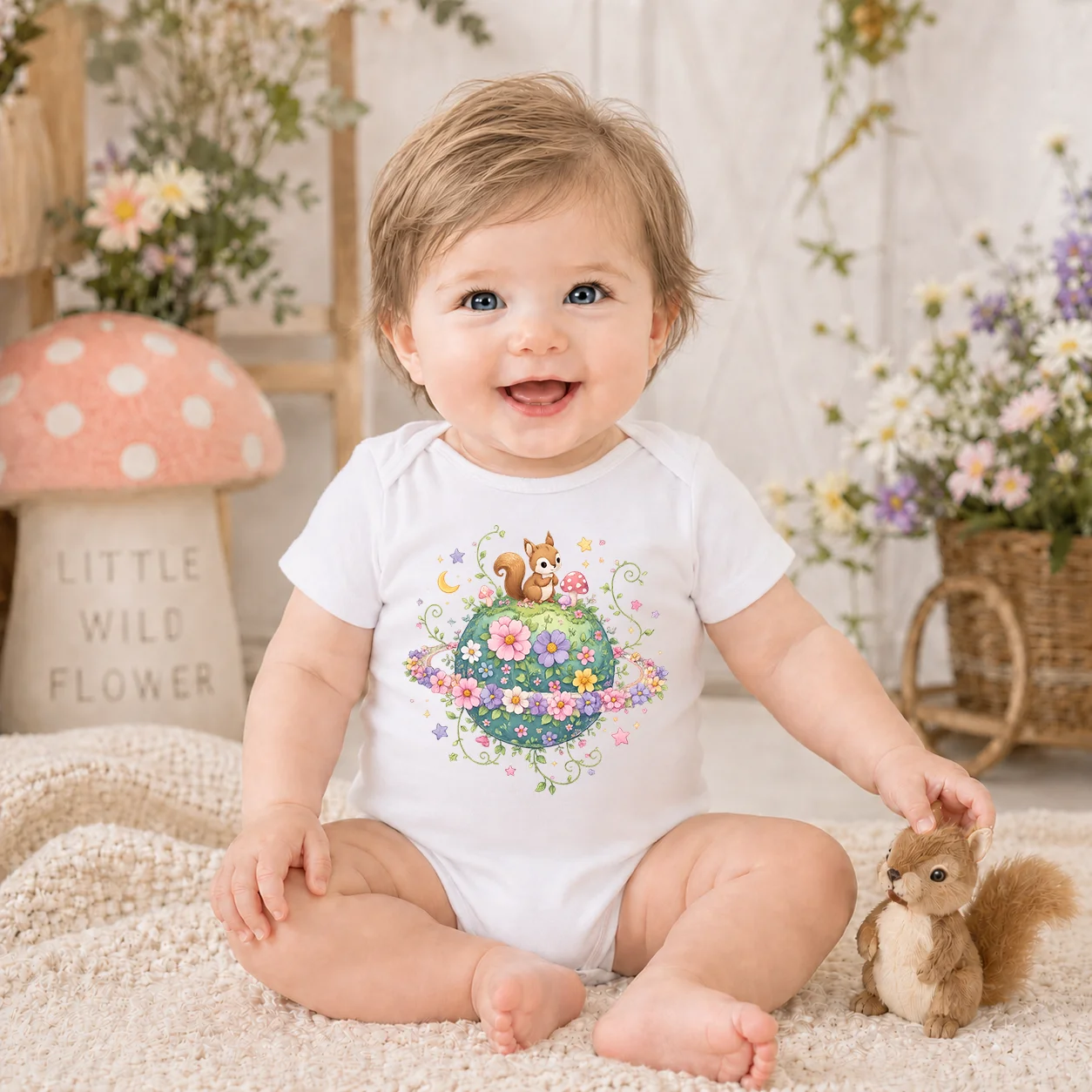 Cute Squirrel Floral Earth Print Baby Bodysuit Short Sleeve Newborn Onesie Neutral Infant Romper Summer Baby Boys Girls Clothes